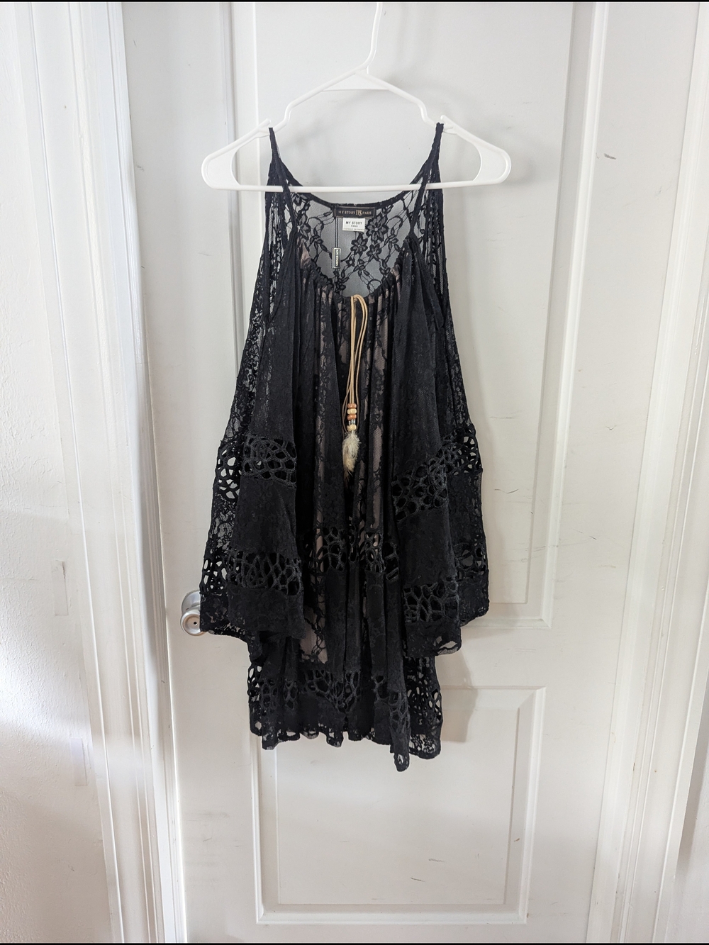 My Story Black Floral Lace Overlay Tank with Tan Tie
